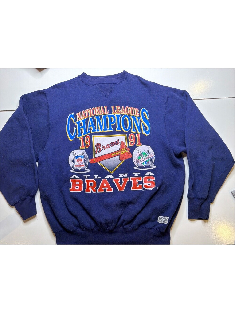 VINTAGE Atlanta Braves Sweatshirt Mens L Blue Logo 7 NL Championship 1992 MLB